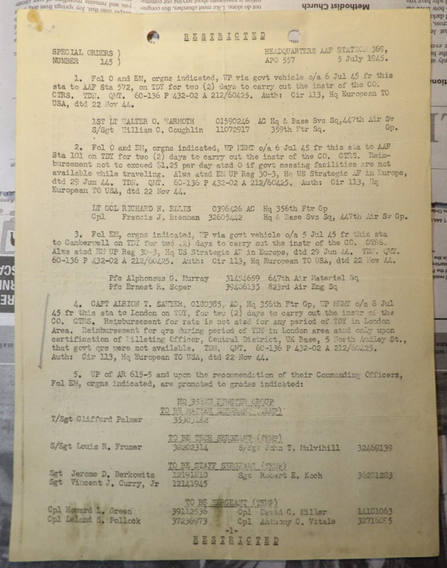 WWII 1945 Albion T Sawyer 359th 356th 647th 823rd 361st Promotions +