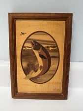 Hudson River Vintage Inlay Marquetry Wood Trout Fish Jeff Nelson Framed Art