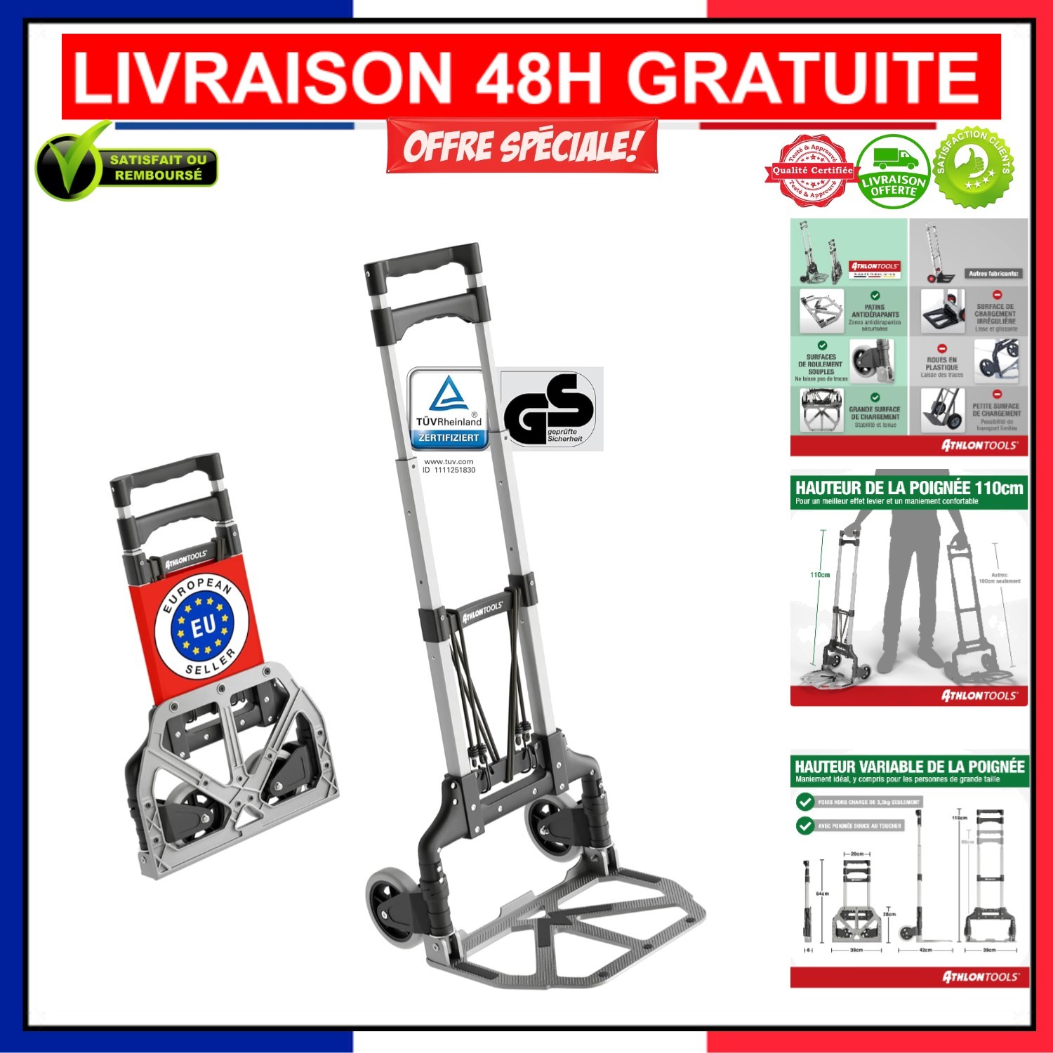 Diable pliable ATHLON TOOLS 70 kg à roues silencieuses anti-bruit