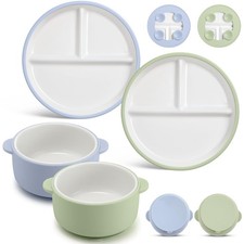 4 Pcs Porcelain Kids Plates and Bowls Sets with Suction, 2 Ceramic Toddler Di...
