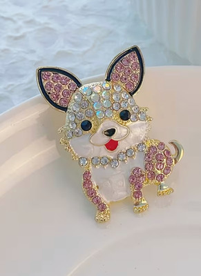 Chihuahua Dog Brooch Rhinestone Crystal Enamel Pin Gold Tone Jewelry Puppy Gift