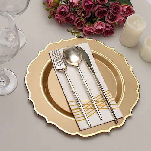 10 GOLD 10.5" Round Plastic Dinner Plates GOLD Scalloped Rim Events Wedding - Bild 8 von 8
