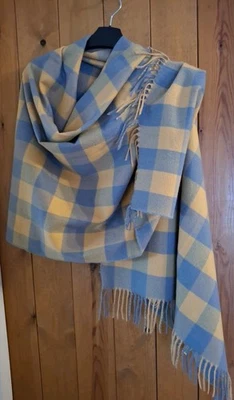 Checked Shawl/Wrap with Fringe, Mustard/Pale Blue/grey. 60% Cashmere 40% Cotton - Image 1 of 4
