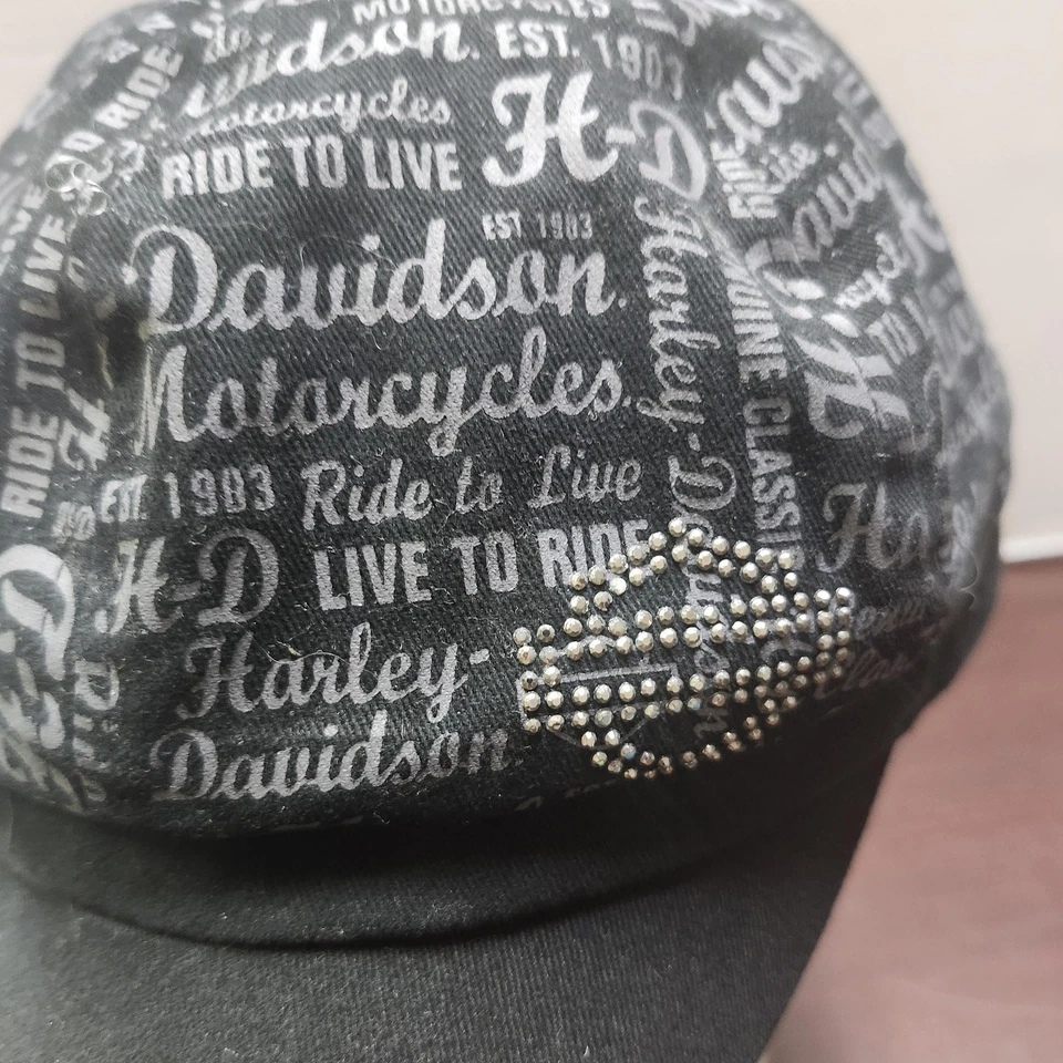 Gorra ajustada Harley-Davidson para mujer negra estrás cadete motociclista motocicleta Foto 2 de 4