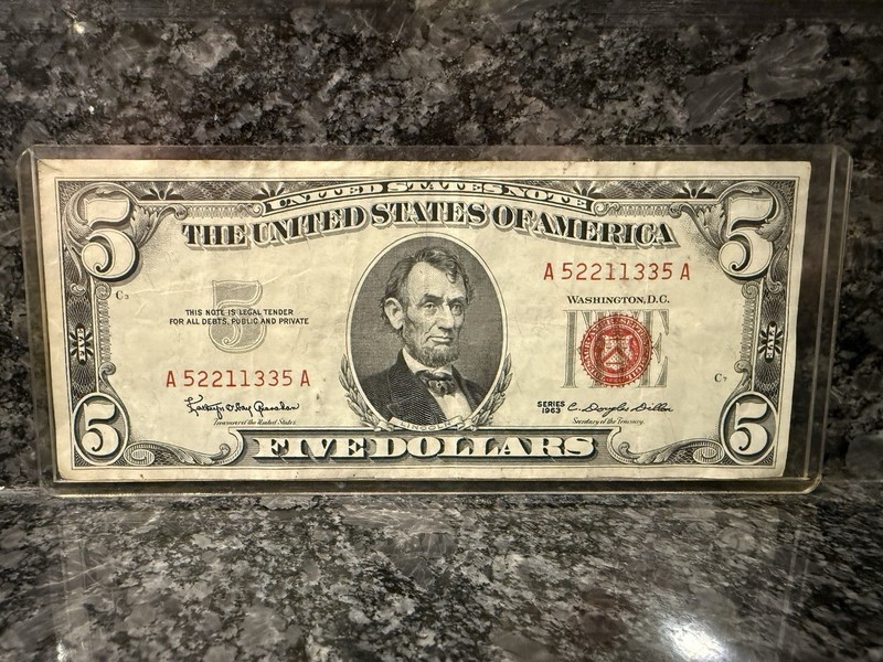 1963 $5 United States Note Red Seal Lincoln - Circulated Banknote A52211335A