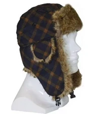 Trapper Hat Rabbit Fur Brown Plaid