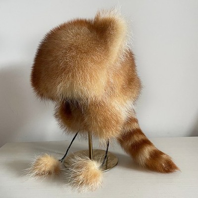 Adult Kids Real Raccoon Fur Hat Trapper Hat Russian Hat Ushanka Ski Hunter Hat