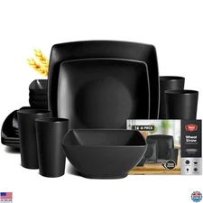 Teivio 16-piece Plastic Wheat Straw Square Dinnerware Set for 4, Unbreakable