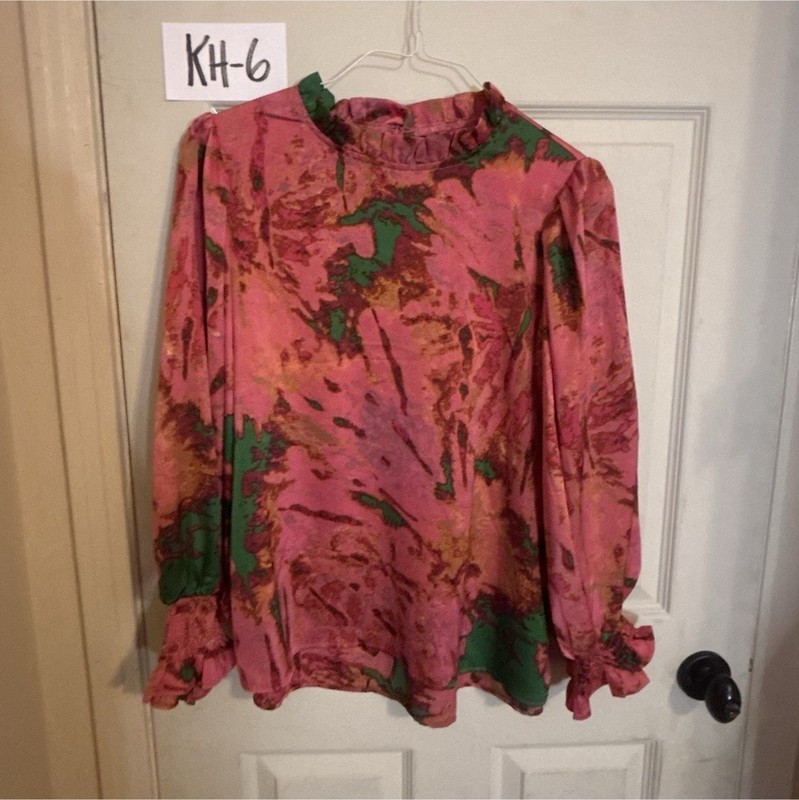 Womens Pink Green Abstract High Neck Button Smocked Ruffle Blouse Size S
