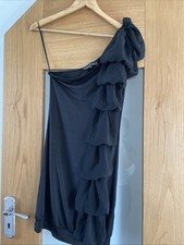 Boohoo one-shoulder Cocktail black dress dramatic ruffled Side Size Uk8