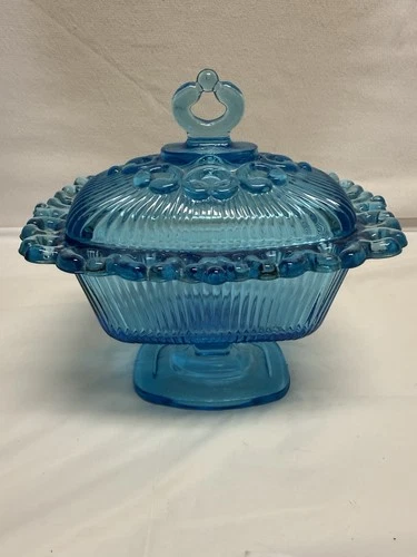 Vintage Indiana Glass Blue Ribbed Pattern Pedestal Lidded Candy Dish Lace