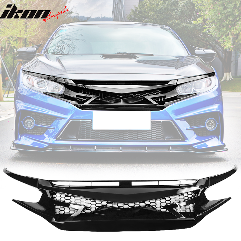 Fits 16-21 Civic 10th Gen IKON Style Gloss Black Front Hood Mesh Grille Eyebrows