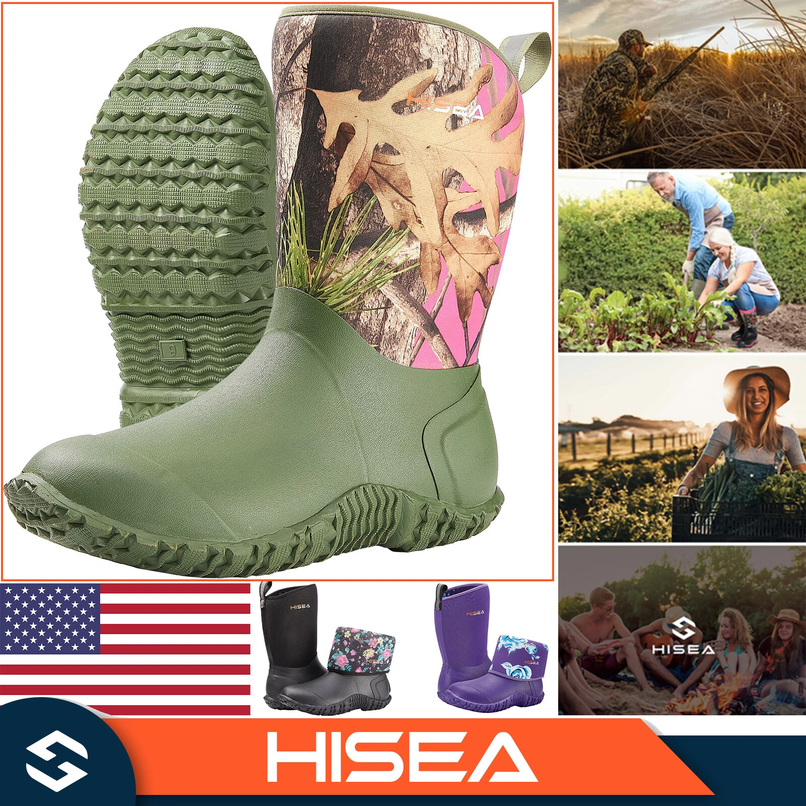 HISEA Women Garden Rain Boots Chore Mud Work Boot Rollable Shaft Colorful Lining