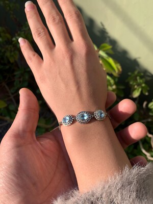 Natürliche vitenamesische Aquamarine & CZ | Rhodiniertes Sterlingsilber Armband
