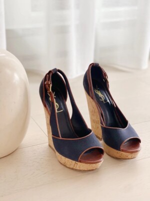 SAINT LAURENT Denim Platform Wedge Sandals (SIZE 36.5)