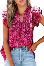 Women's Casual Boho Floral V Neck Ruffle Short Sleeve Loose Blouses Tops size M