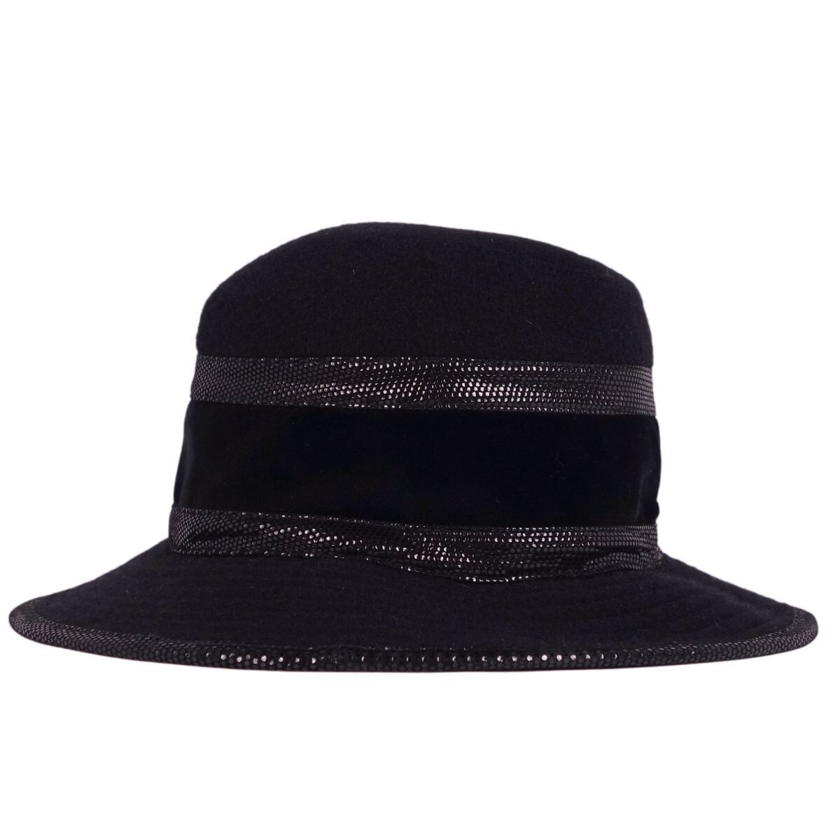 HERMÈS Hat Black Cashmere Velvet Lamb Leather Band Men Size 57