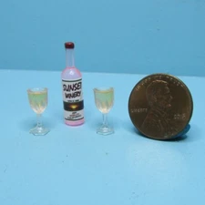 Dollhouse Miniature Replica Rose Wine Bottle with 2 Filled Glasses FA11342