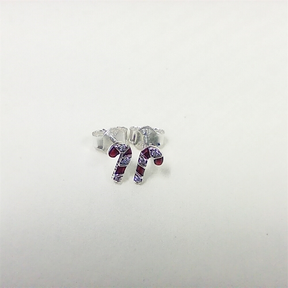 Pandora S925 Silver Sparkling Red Candy Cane Stud Earrings