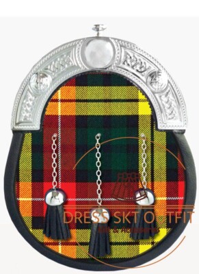 New SCOTTISH Full Dress Black Leather With Clan Buchanan Tartan Kilt SPORRAN Bag