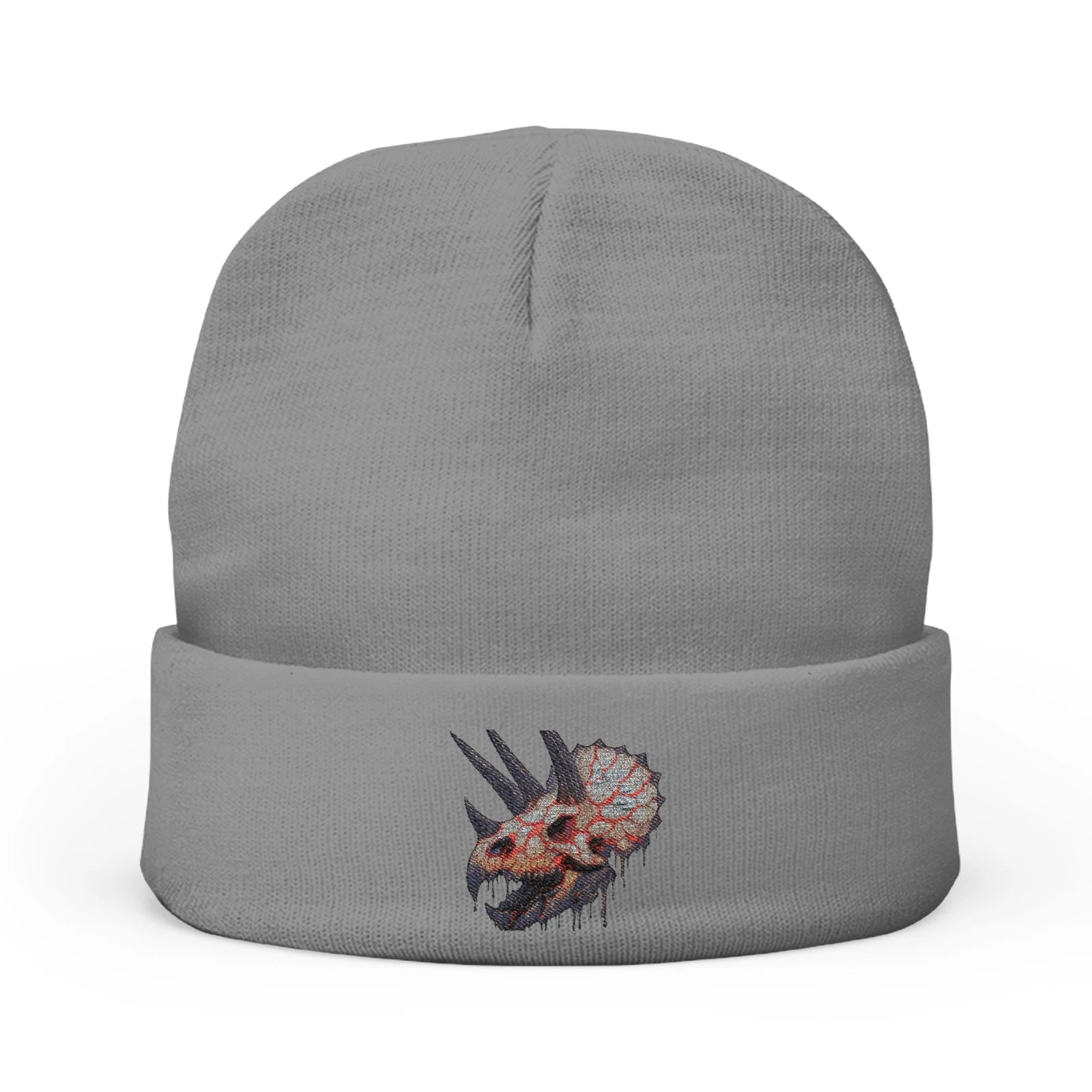 Knit Beanie Hat Embroidered Demon Triceratops Horror Art Dinosaur Skull