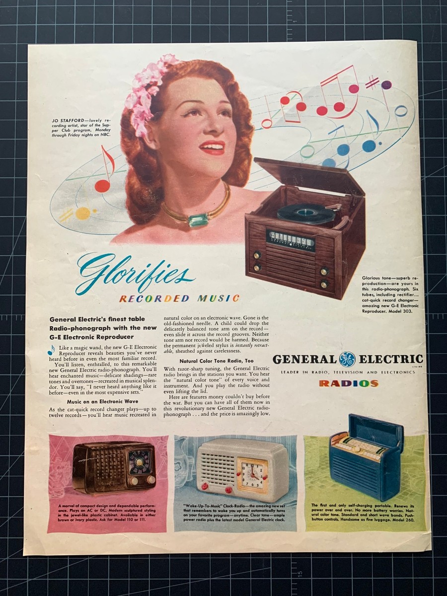 Vintage 1946 General Electric Radios, Jo Stafford Print Ad | eBay