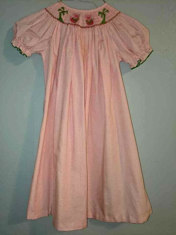 Amanda Remembered Girls Smocked Pink/White Check Dress, Sz 3, Piggies/Palm Trees