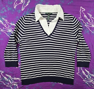 Lauren Ralph Lauren Womens striped V neck sweater Blue White white collar XL