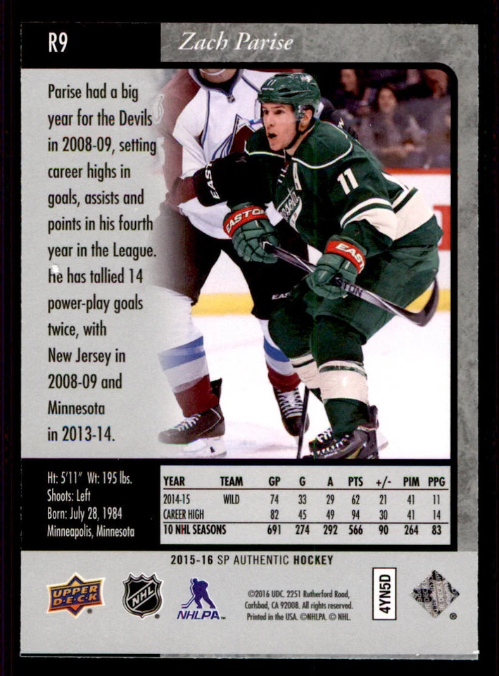 2015-16 SP Authentic '95-96 SP Retro #R9 Zach Parise - Image 2 of 2