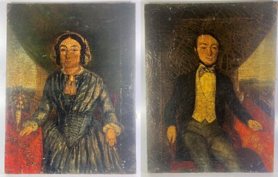 Paar amerikanische Volkskunst naives Portrait Gemälde Öl auf Leinwand um 1850