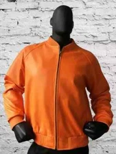 New Mens Orange Bomber Leather Jacket| Genuine sheepskin leather Biker Jacket XL