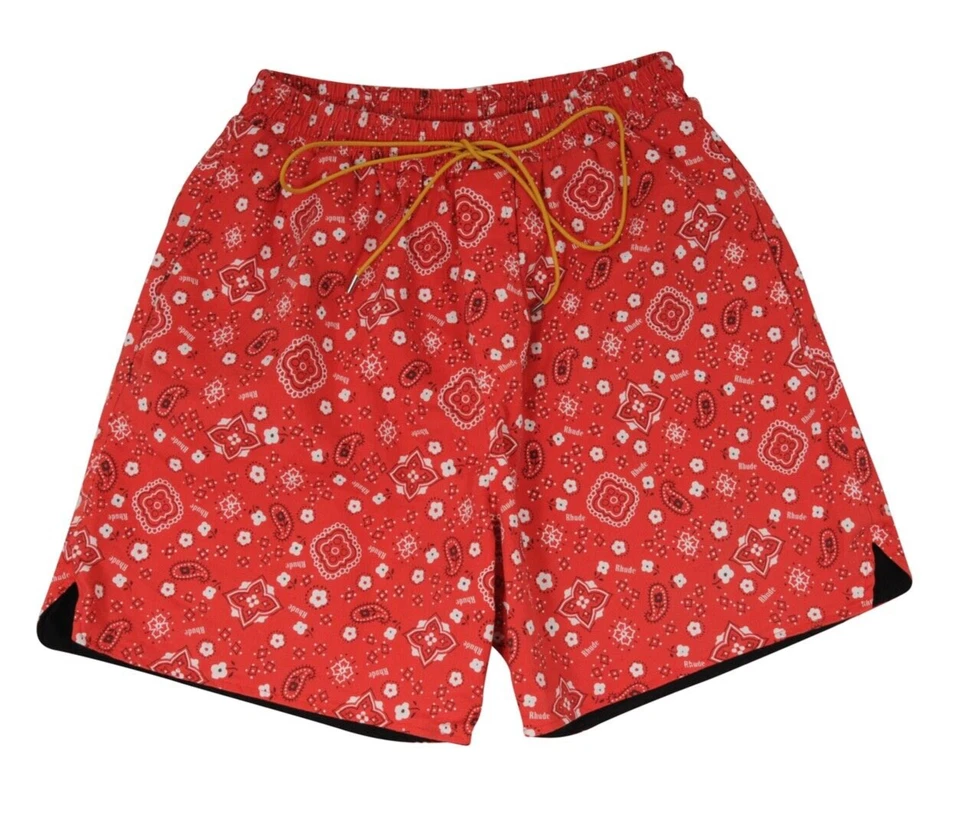 Rhude Men Bermuda Shorts Large Red White  Bandana Paisley Print Drawstring Waist