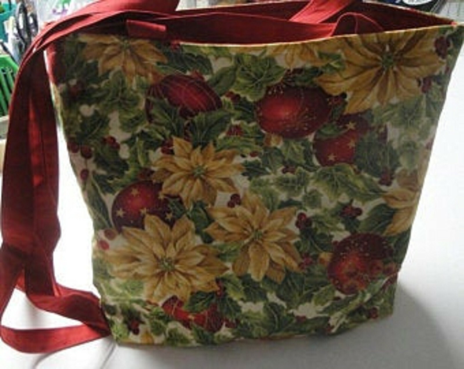 White Poinsettias & Red Ornaments Christmas Tote Bag-Machine Quilted-Hand Made