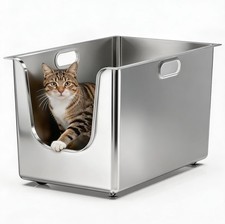 Stainless Steel Cat Litter Box 13.7" High Sides Curved Low Entry Rustproof