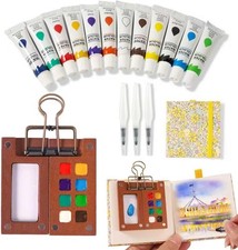 Mini Watercolor Paint Set – 12 Colors Portable Travel Kit with Brushes (Yellow)