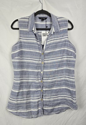 Ellen Tracy Linen Minimalist Button-Up Beachy Nautical Sleeveless Shirt Top sz L