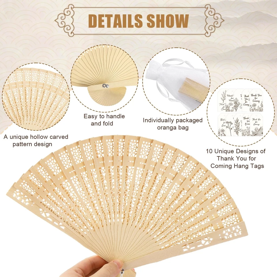 100 Wedding Fans Bulk Folding Wooden Hand Fans Sandalwood Hollow Carved Handh... - Image 3 of 4