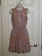 Nine West Sleeveless Button-Front Tie-Waist Mini Dress - Mustard & Lavender