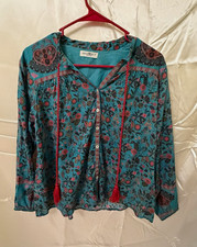 Natural Life Small Teal Floral Boho Peasant Blouse Tassel Tie 100 Cotton