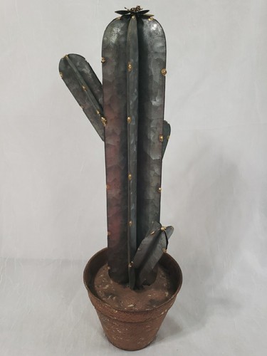 Metal Cactus Sculpture In Pot Rustic Desert Southwestern Farmhouse Themed Decor - Picture 5 of 13