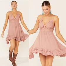 FREE PEOPLE Adella  Lace Floral Baby Doll Slip Mini Dress in Pink Size L