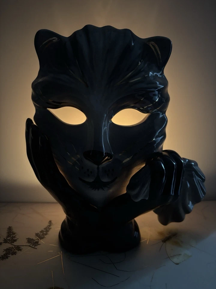 Candelabro Máscara Mardi Gras Gato Cerámica Vintage Años 80? Firmado pintado a mano Foto 2 de 4