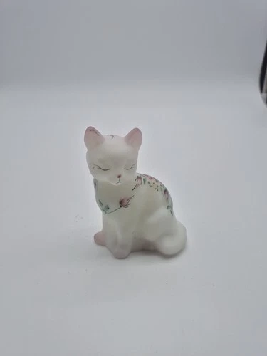 Fenton Satin Glass Hand Painted Cat Figurine With Roses
