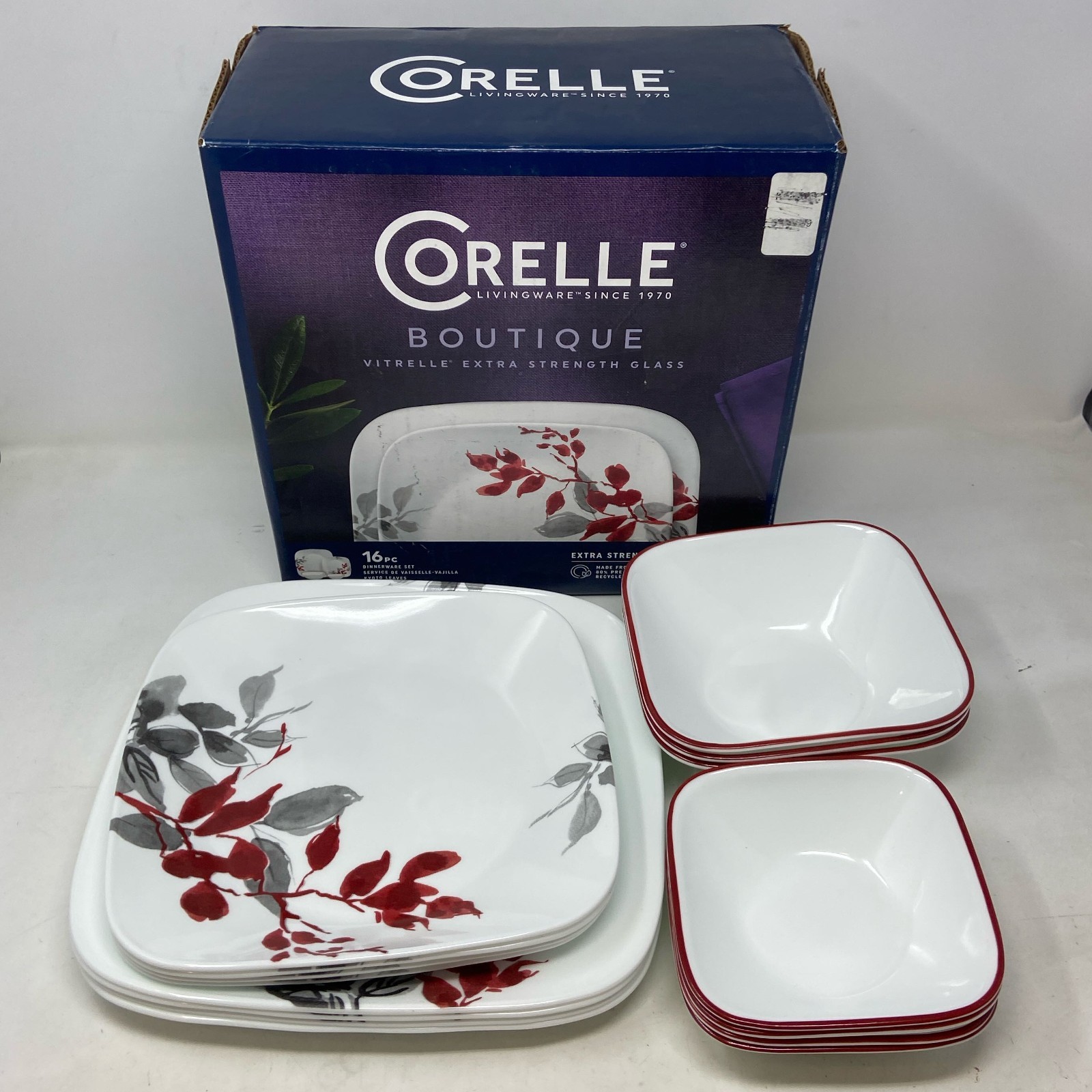 Corelle Kyoto Leaves 16pc Square Dinnerware Set, White/Red/G