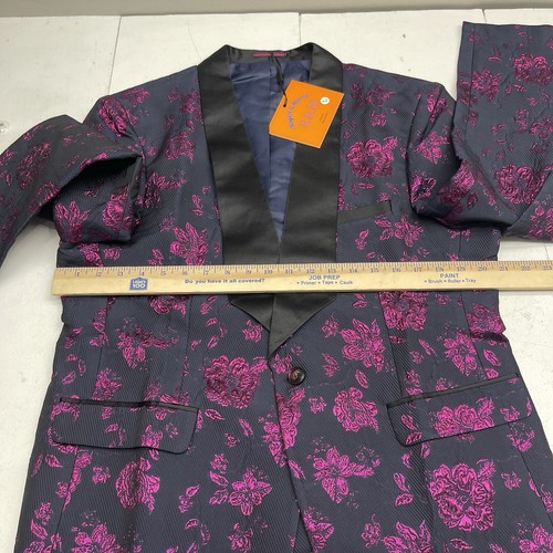 Rogers & Morris Navy Blue And Pink Floral 3 Piece Tuxedo Suit Mens Size Large - Picture 7 of 11