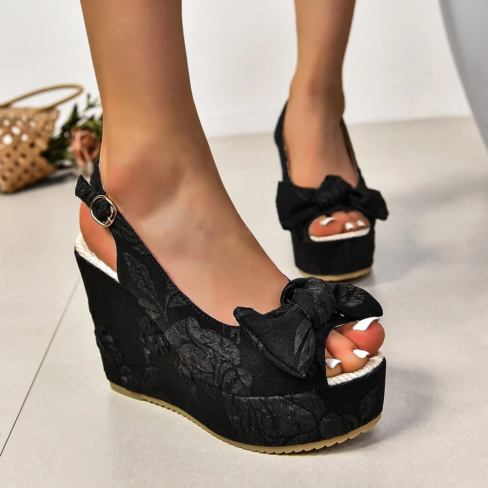 Mujeres Bombas Tacones Altos Punta abierta Cuñas Sandalias Plataforma Verano Informal Lazos Zapatos Foto 2 de 4