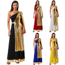 Womens Ancient Greek Roman Princess Tunic Dress One Shoulder Shiny Toga Dress