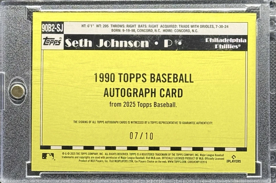 Tarjeta autógrafa de béisbol Topps 2025 actualización Seth Johnson 1990 7/10 Foto 2 de 2
