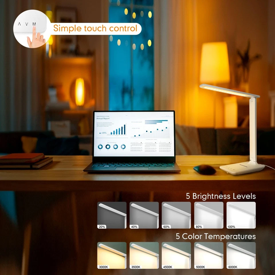 White LED Desk Lamp 15W Wireless Charger USB Dimmable 5-Mode Touch Foldable - Image 2 of 4