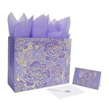 13" Large Rose Purple Gift Bag Set with Greeting Card and Tissue Paper for
